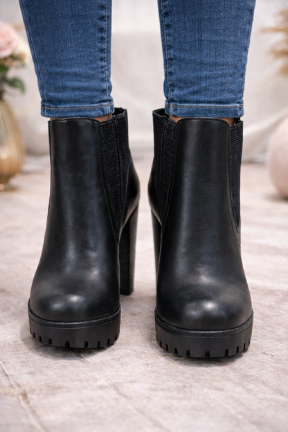 Damen Stiefeletten mit Blockabsatz und Plateausohle 6325 - Schwarz