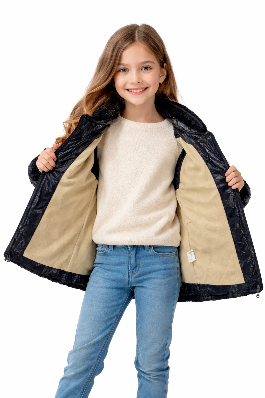 Mädchen Regenjacke mit weichem Fellfutter und Kapuze 5008 - Dunkelblau