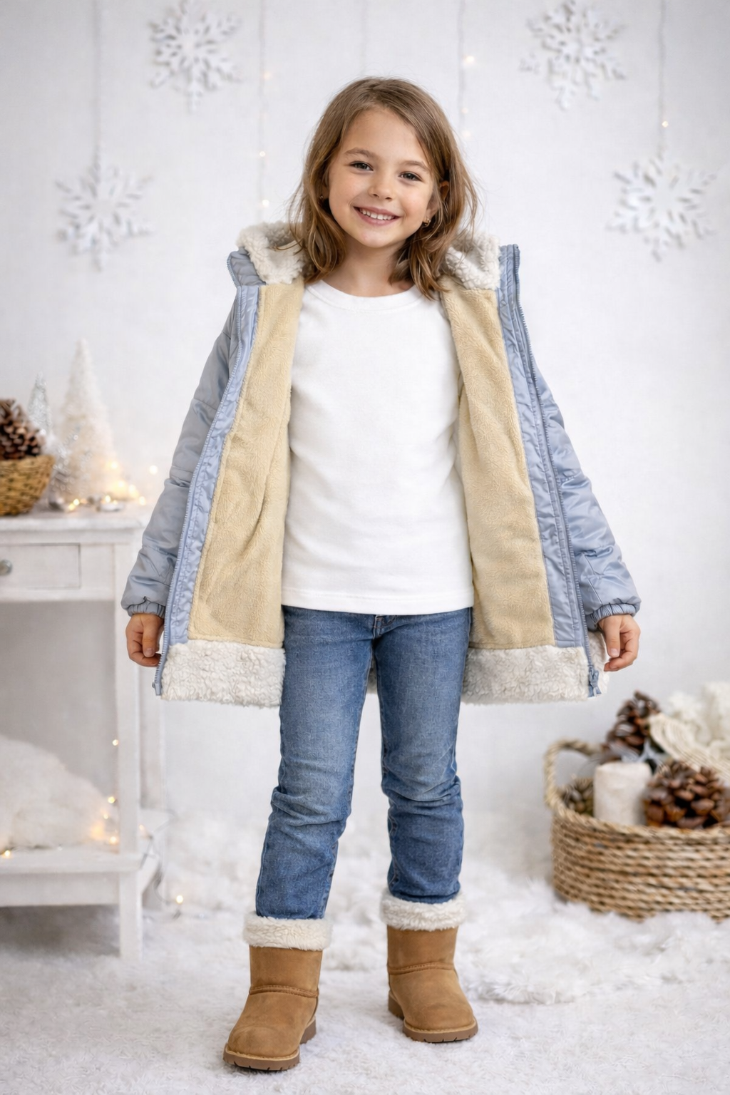 Mädchen Regenjacke mit weichem Fellfutter und Kapuze 5008 - Grau