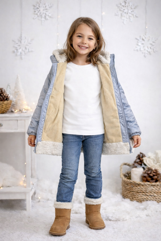 Mädchen Regenjacke mit weichem Fellfutter und Kapuze 5008 - Grau