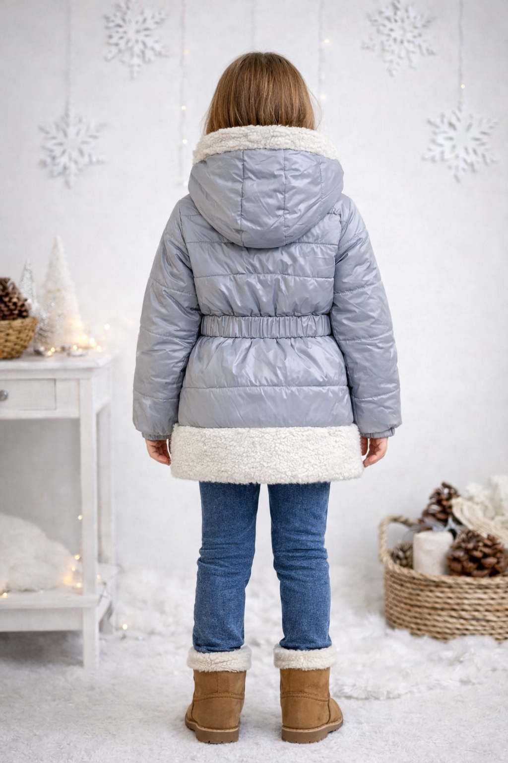 Mädchen Regenjacke mit weichem Fellfutter und Kapuze 5008 - Grau