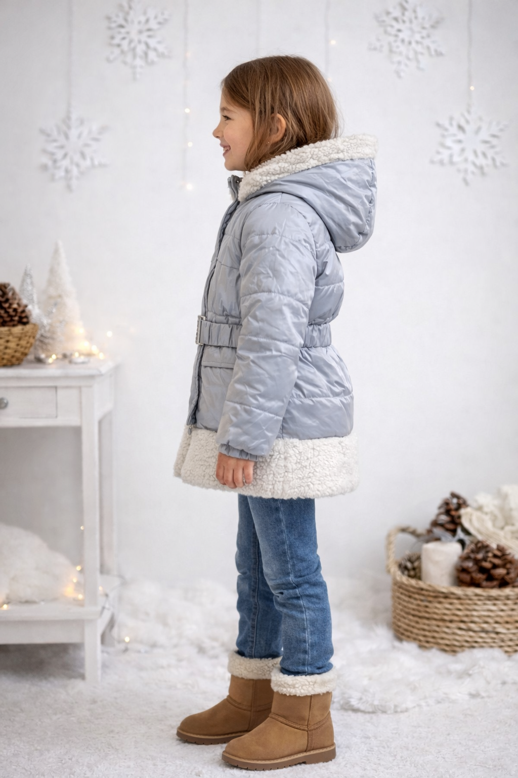 Mädchen Regenjacke mit weichem Fellfutter und Kapuze 5008 - Grau