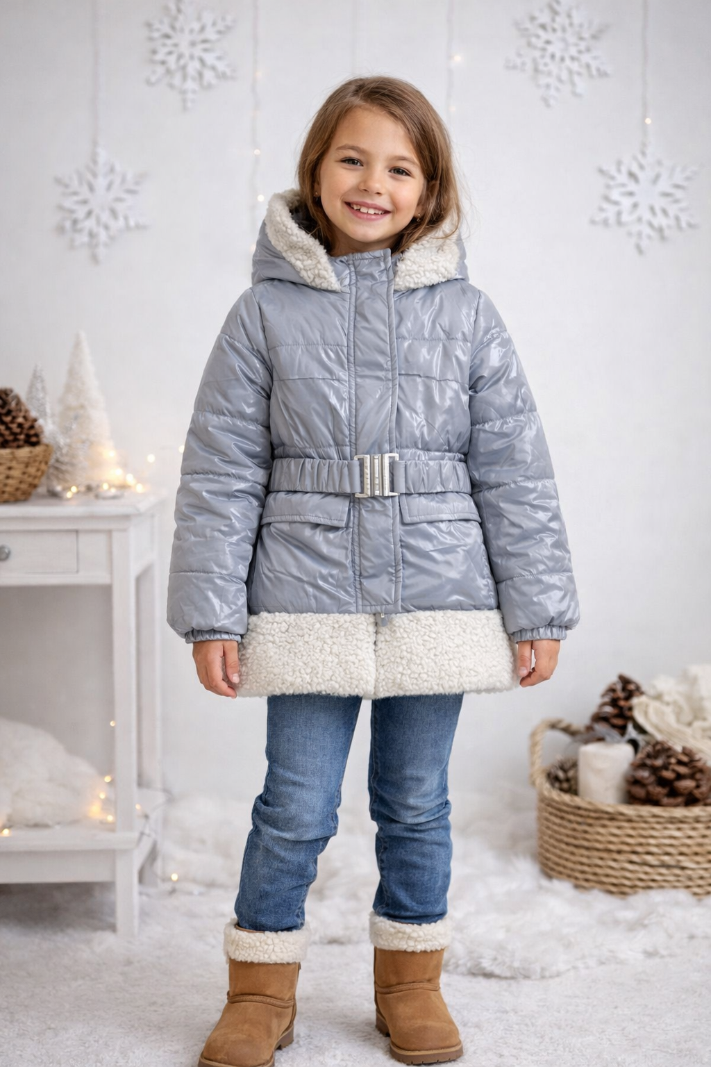 Mädchen Regenjacke mit weichem Fellfutter und Kapuze 5008 - Grau