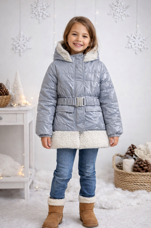 Mädchen Regenjacke mit weichem Fellfutter und Kapuze 5008 - Grau