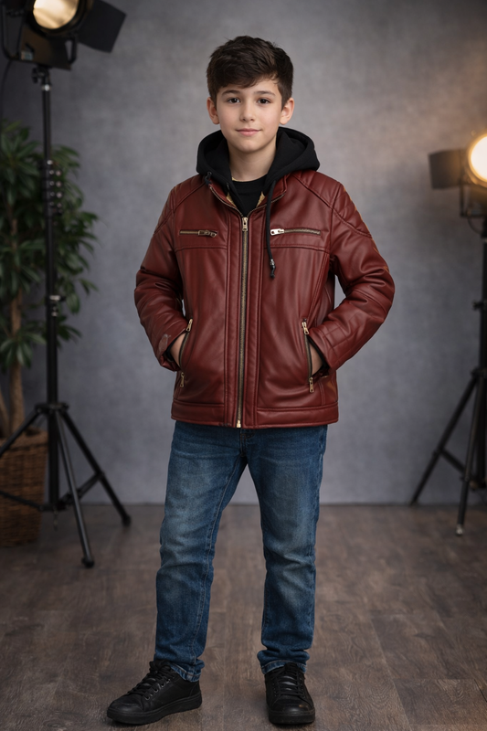 Jungen Lederjacke mit Fellfutter 5127 - Bordeaux
