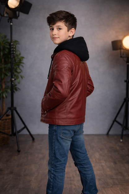 Jungen Lederjacke mit Fellfutter 5127 - Bordeaux