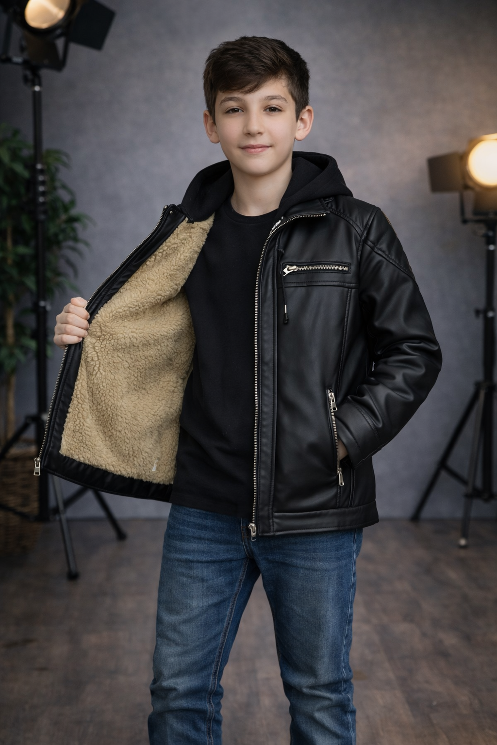 Jungen Lederjacke mit Fellfutter 5127 - Schwarz