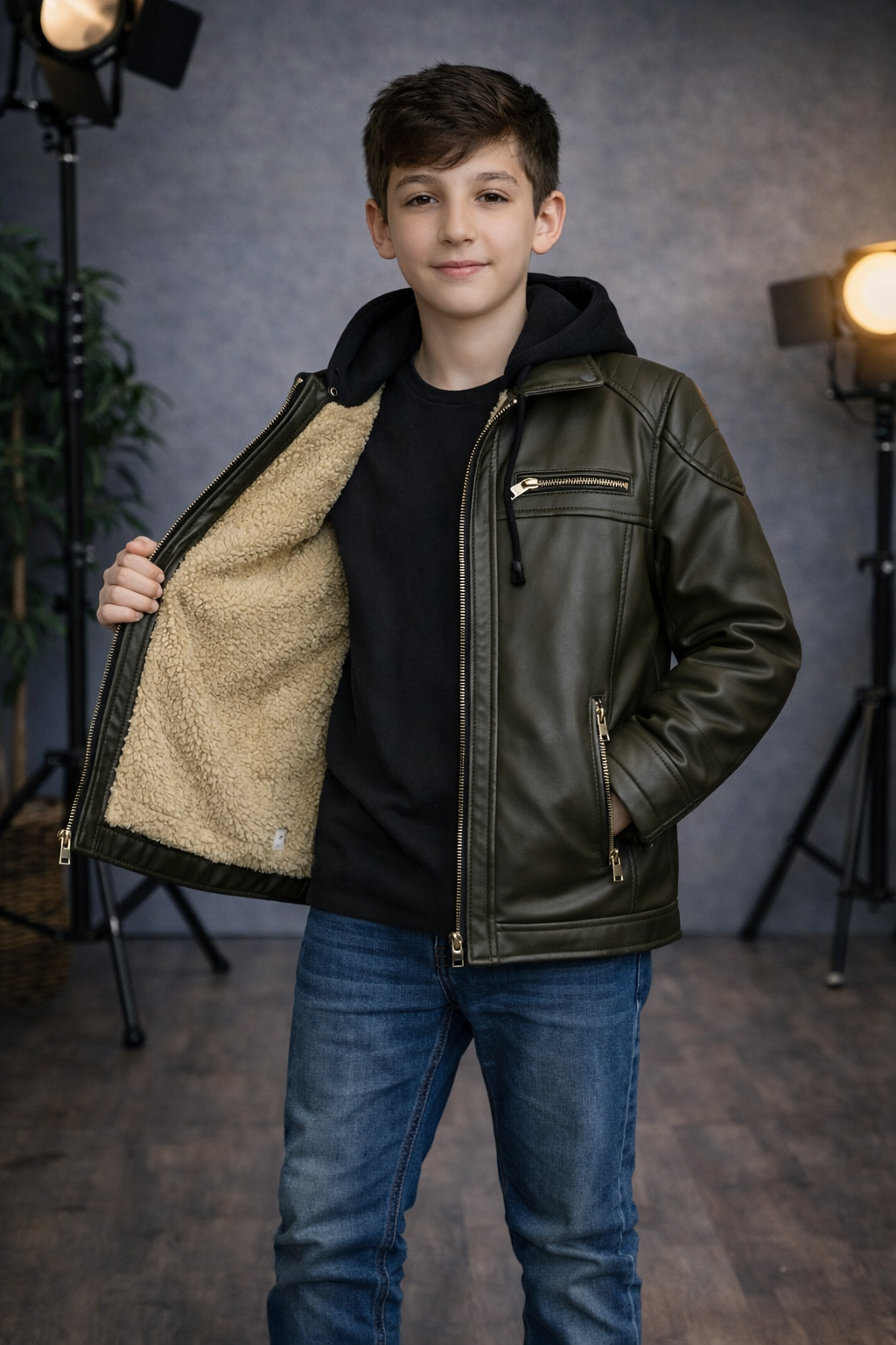 Jungen Lederjacke mit Fellfutter 5127 - Khaki