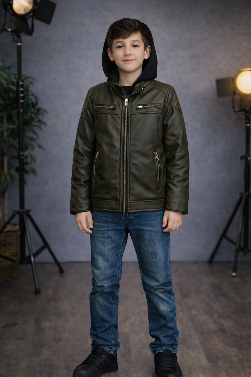 Jungen Lederjacke mit Fellfutter 5127 - Khaki