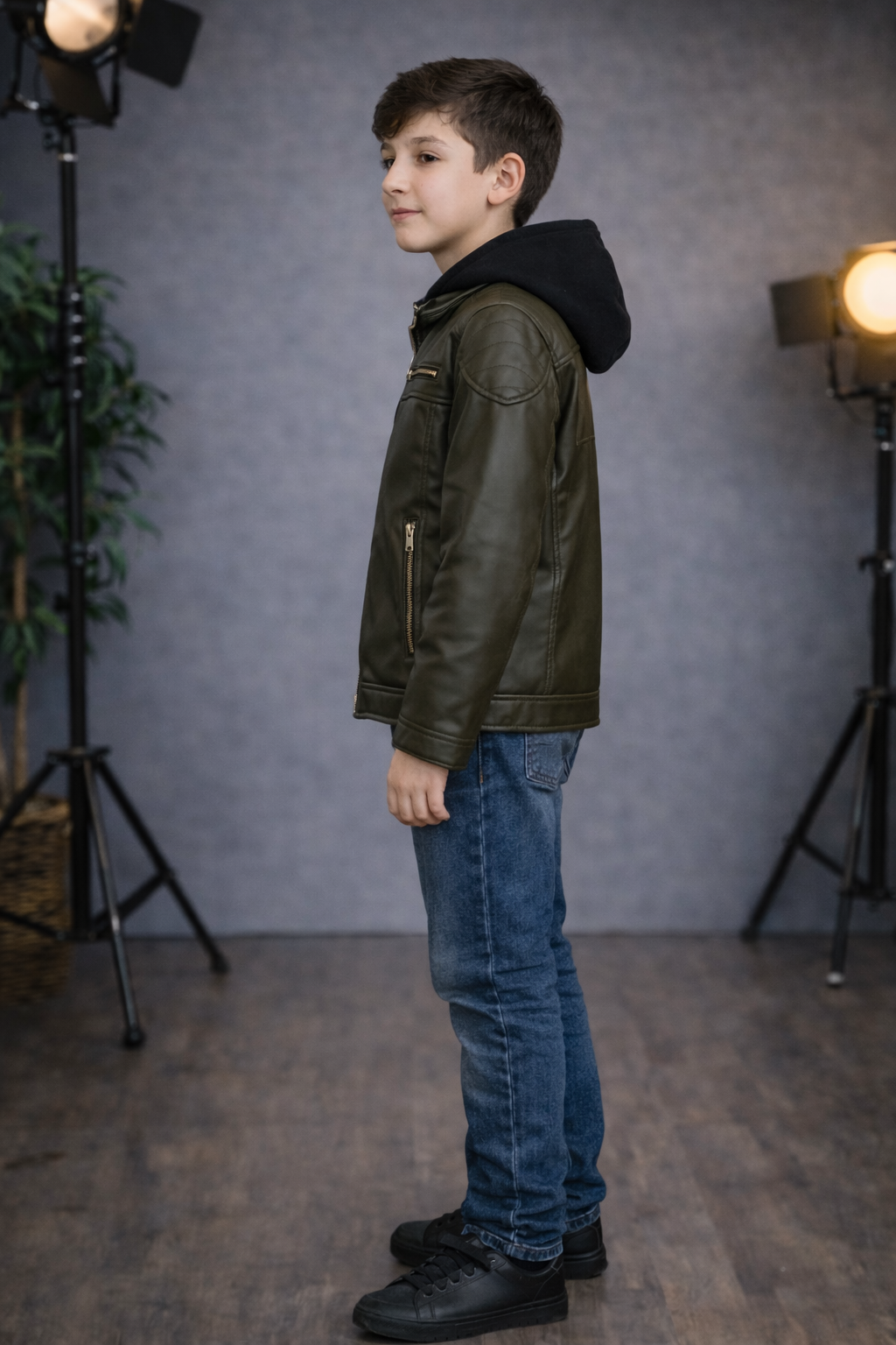 Jungen Lederjacke mit Fellfutter 5127 - Khaki