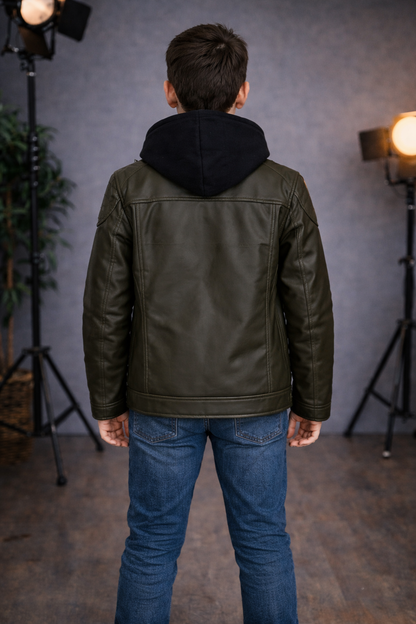 Jungen Lederjacke mit Fellfutter 5127 - Khaki