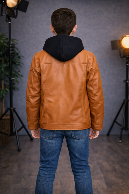 Jungen Lederjacke mit Fellfutter 5127 - Cognac
