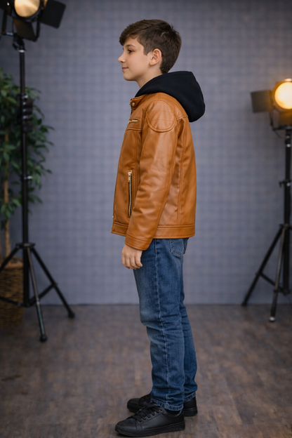 Jungen Lederjacke mit Fellfutter 5127 - Cognac