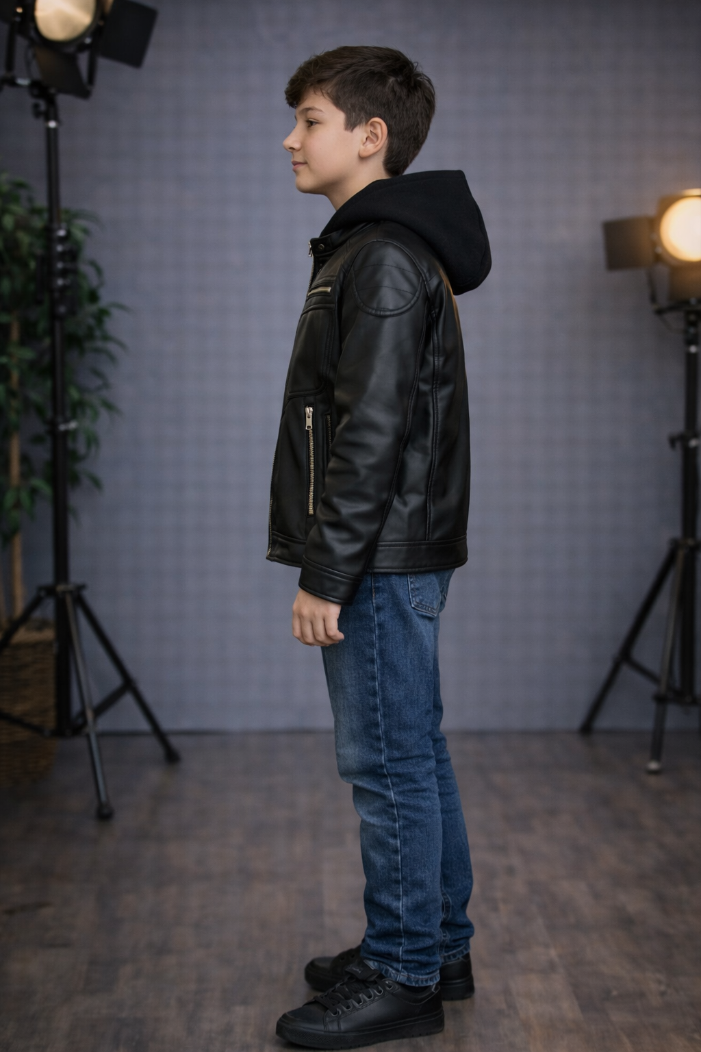 Jungen Lederjacke mit Fellfutter 5127 - Schwarz