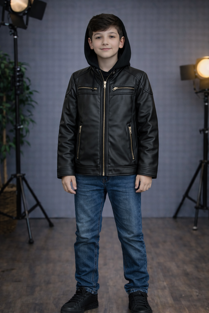 Jungen Lederjacke mit Fellfutter 5127 - Schwarz
