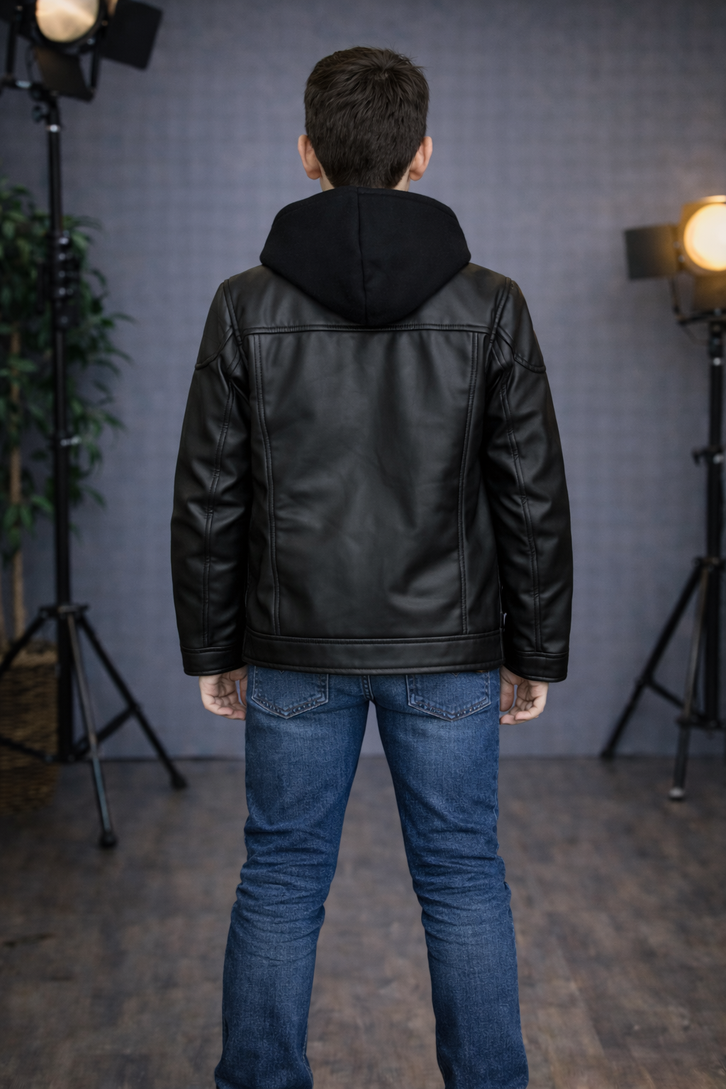 Jungen Lederjacke mit Fellfutter 5127 - Schwarz