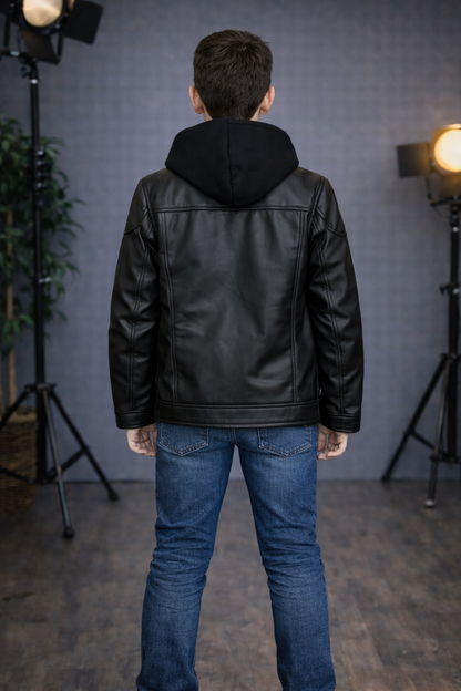 Jungen Lederjacke mit Fellfutter 5127 - Schwarz
