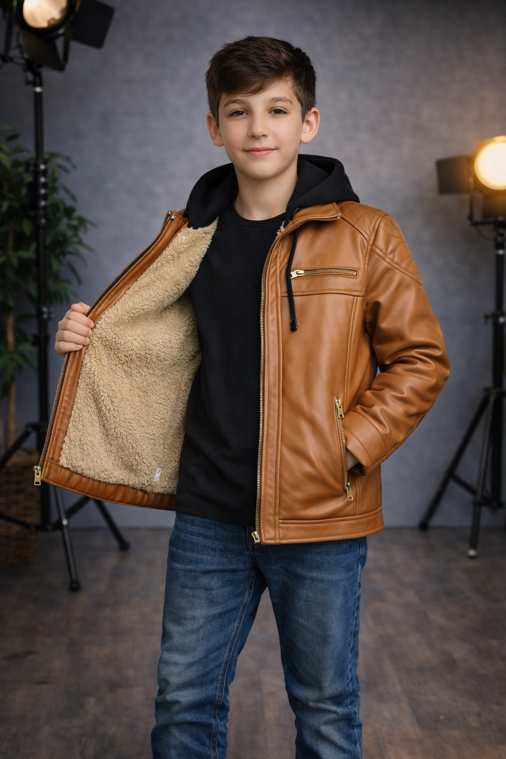 Jungen Lederjacke mit Fellfutter 5127 - Cognac