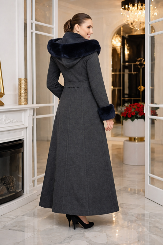 Eleganter Wintermantel aus geripptem Stoff mit Kunstpelz 1392 - Anthrazit