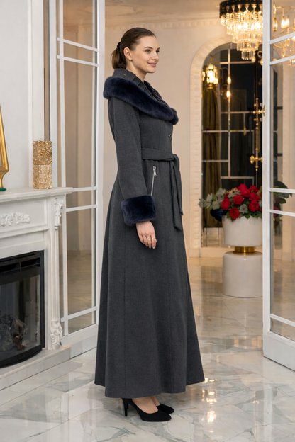 Eleganter Wintermantel aus geripptem Stoff mit Kunstpelz 1392 - Anthrazit