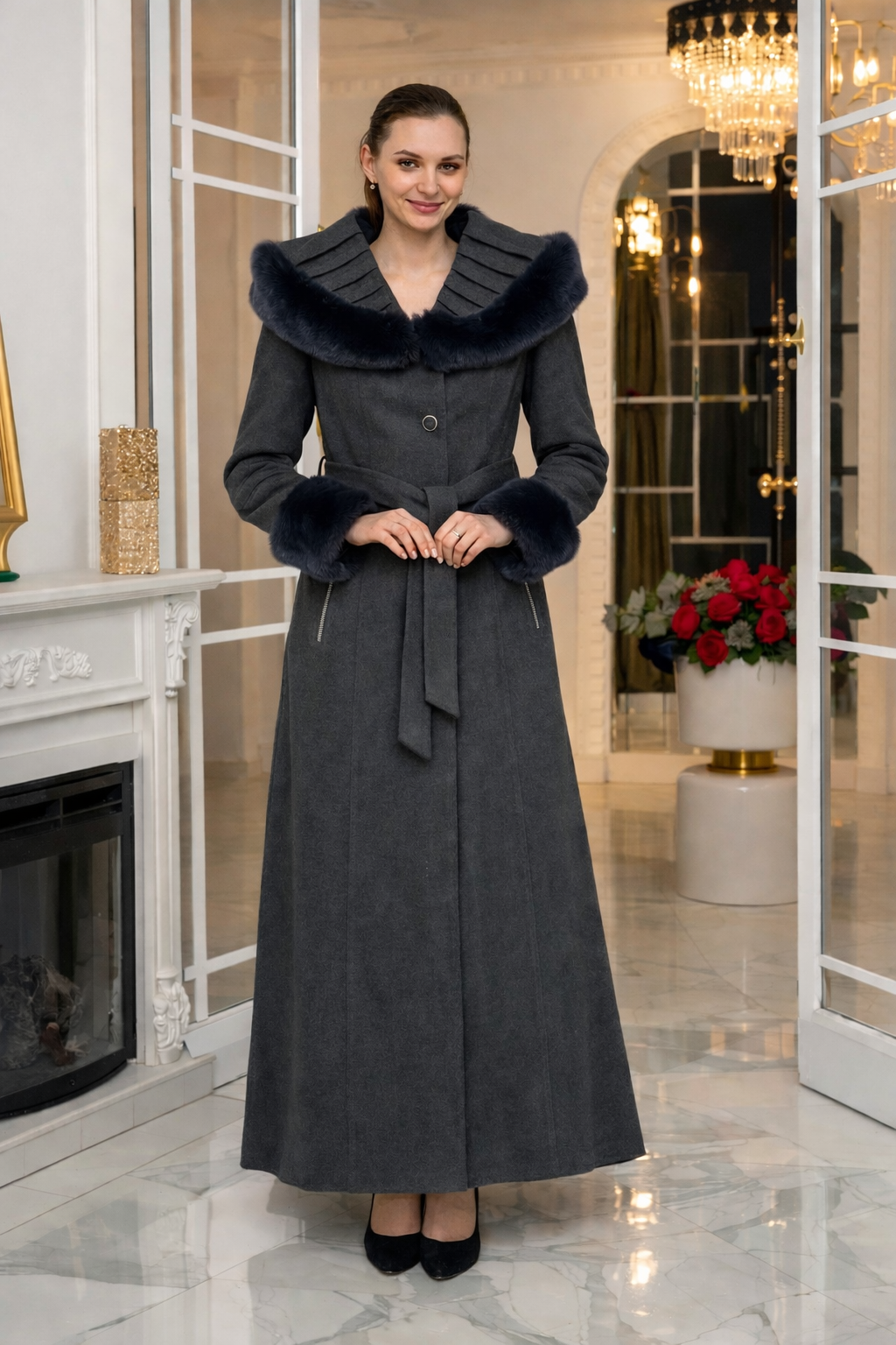 Eleganter Wintermantel aus geripptem Stoff mit Kunstpelz 1392 - Anthrazit