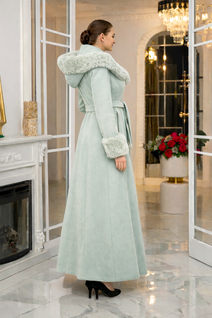 Eleganter Wintermantel aus geripptem Stoff mit Kunstpelz 1392 - Mint