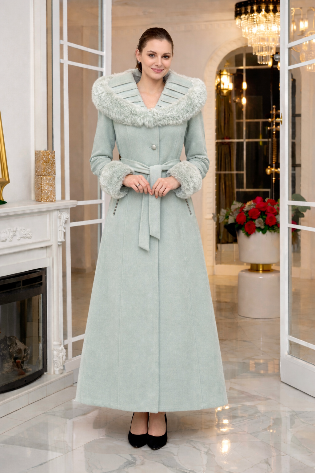 Eleganter Wintermantel aus geripptem Stoff mit Kunstpelz 1392 - Mint