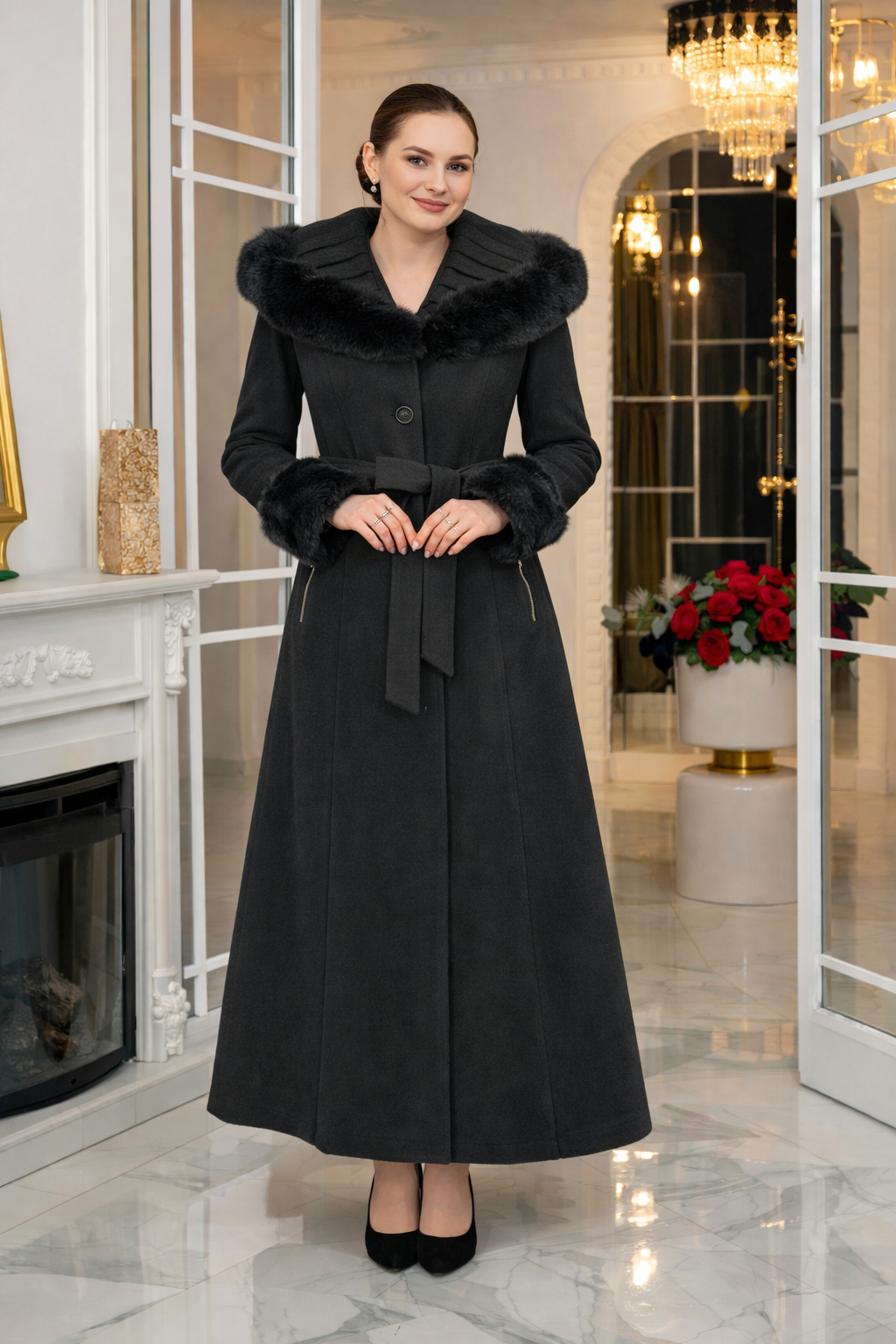 Eleganter Wintermantel aus geripptem Stoff mit Kunstpelz 1392 - Schwarz