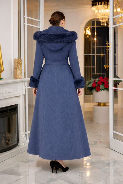 Eleganter Wintermantel aus geripptem Stoff mit Kunstpelz 1392 - Dunkelblau