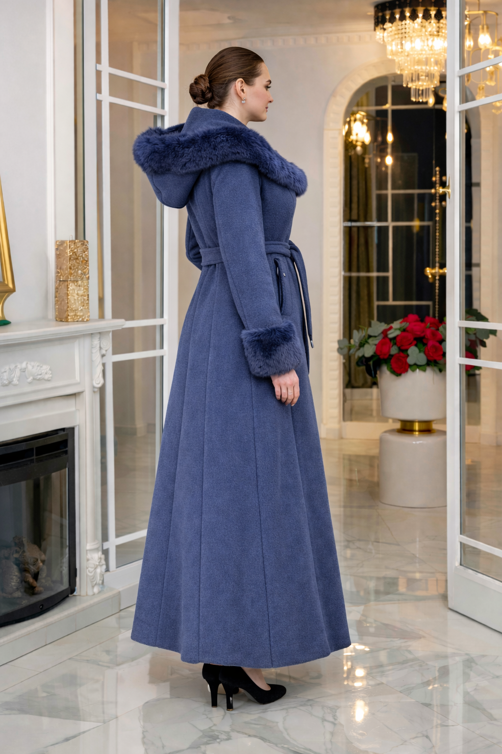 Eleganter Wintermantel aus geripptem Stoff mit Kunstpelz 1392 - Dunkelblau