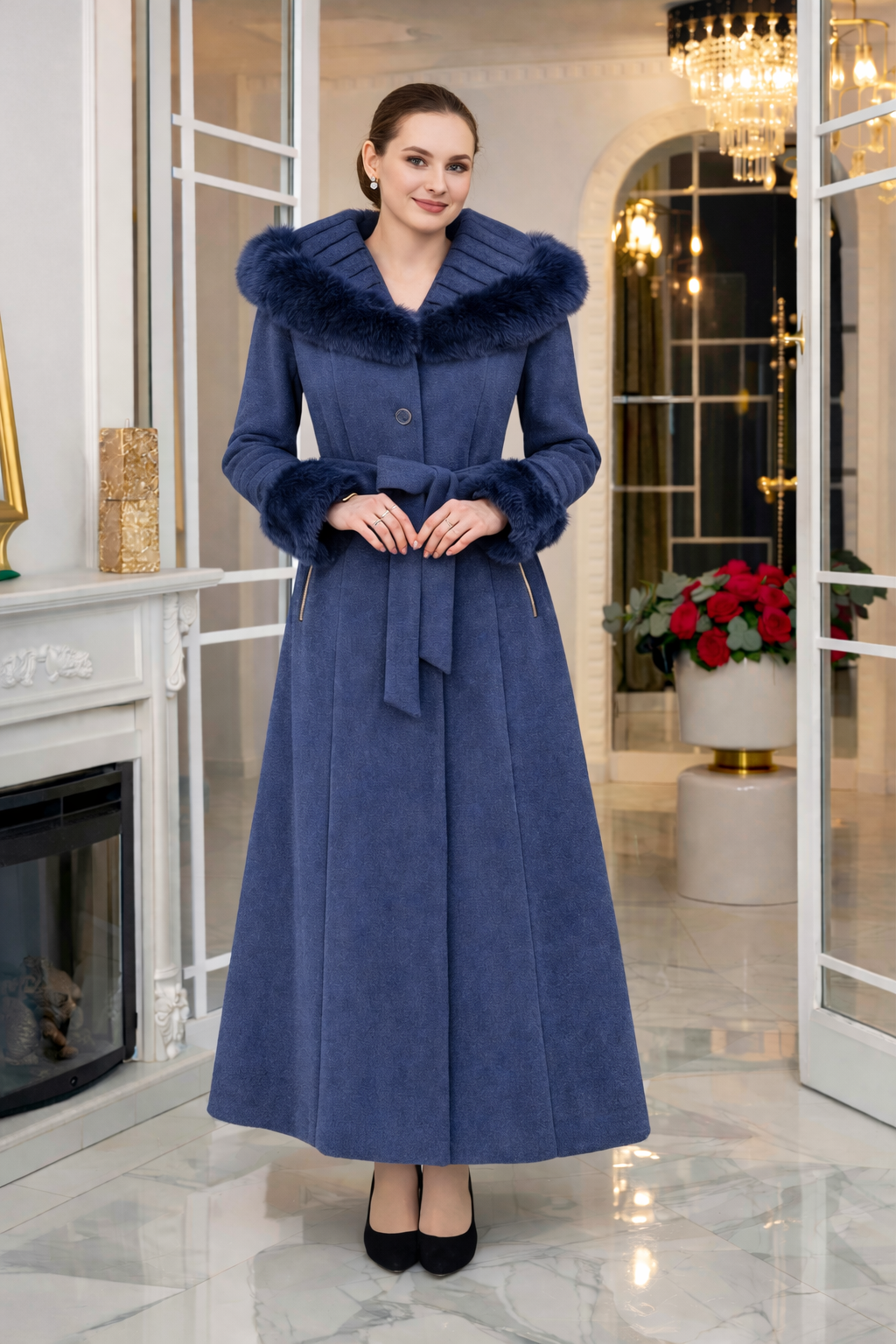 Eleganter Wintermantel aus geripptem Stoff mit Kunstpelz 1392 - Dunkelblau