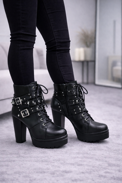 Schwarze Leder-Stiefeletten mit Warmfutter und Schnallen 6316 - Schwarz