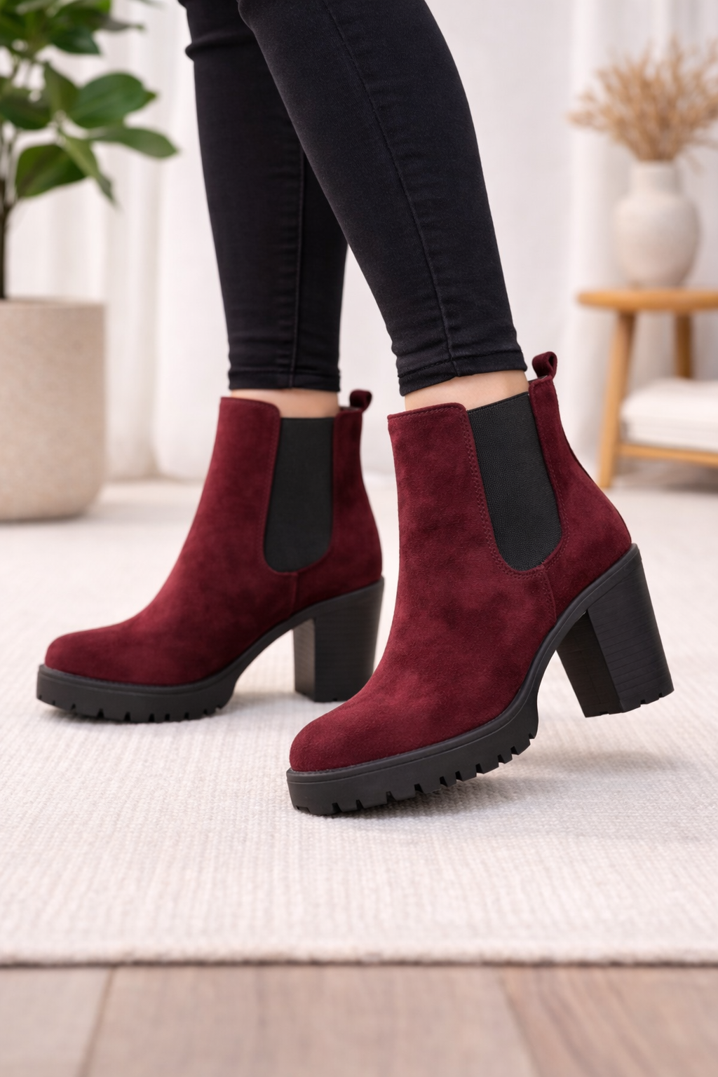 Weinrote Chelsea Boots in Wildleder-Optik mit Profilsohle 6309 - Bordeaux