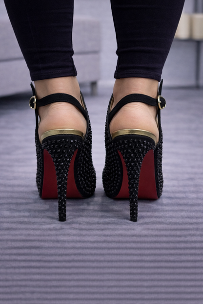Schwarze High Heels mit Strassbesatz und Fesselriemen 6311 - Schwarz