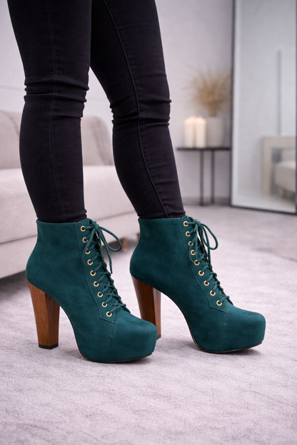 Beige Schnürstiefeletten in Wildleder-Optik mit Holzabsatz 6312 - Khaki