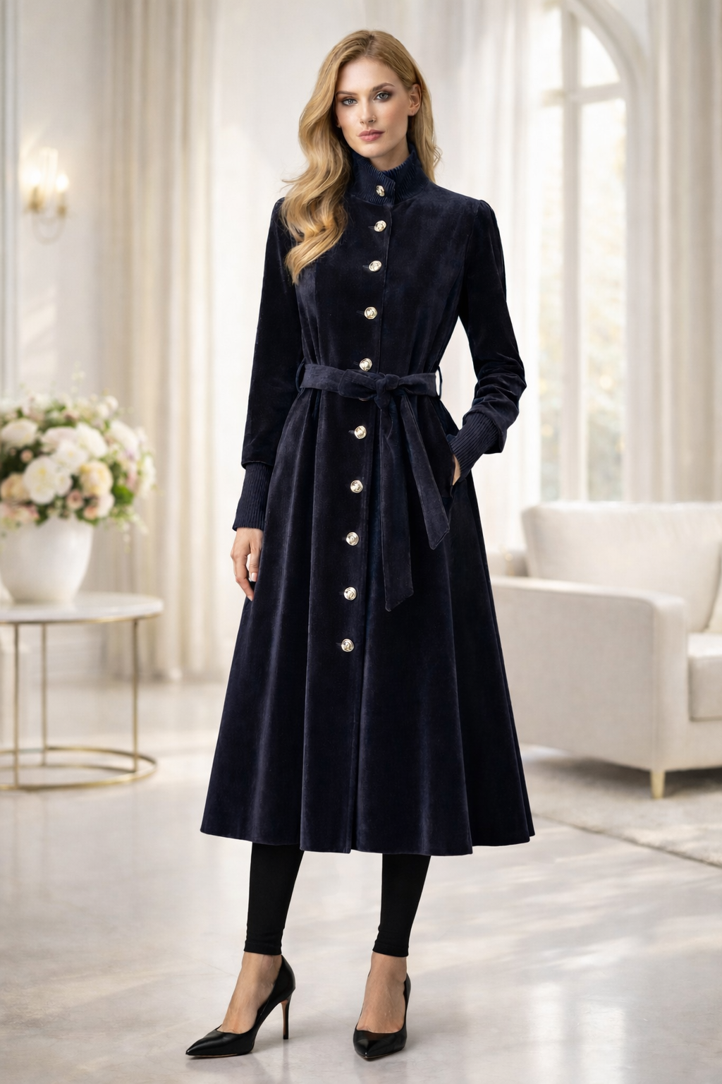 Gefütterter Winter-Trenchcoat in Ponyfell-Optik 1391 - Schwarz