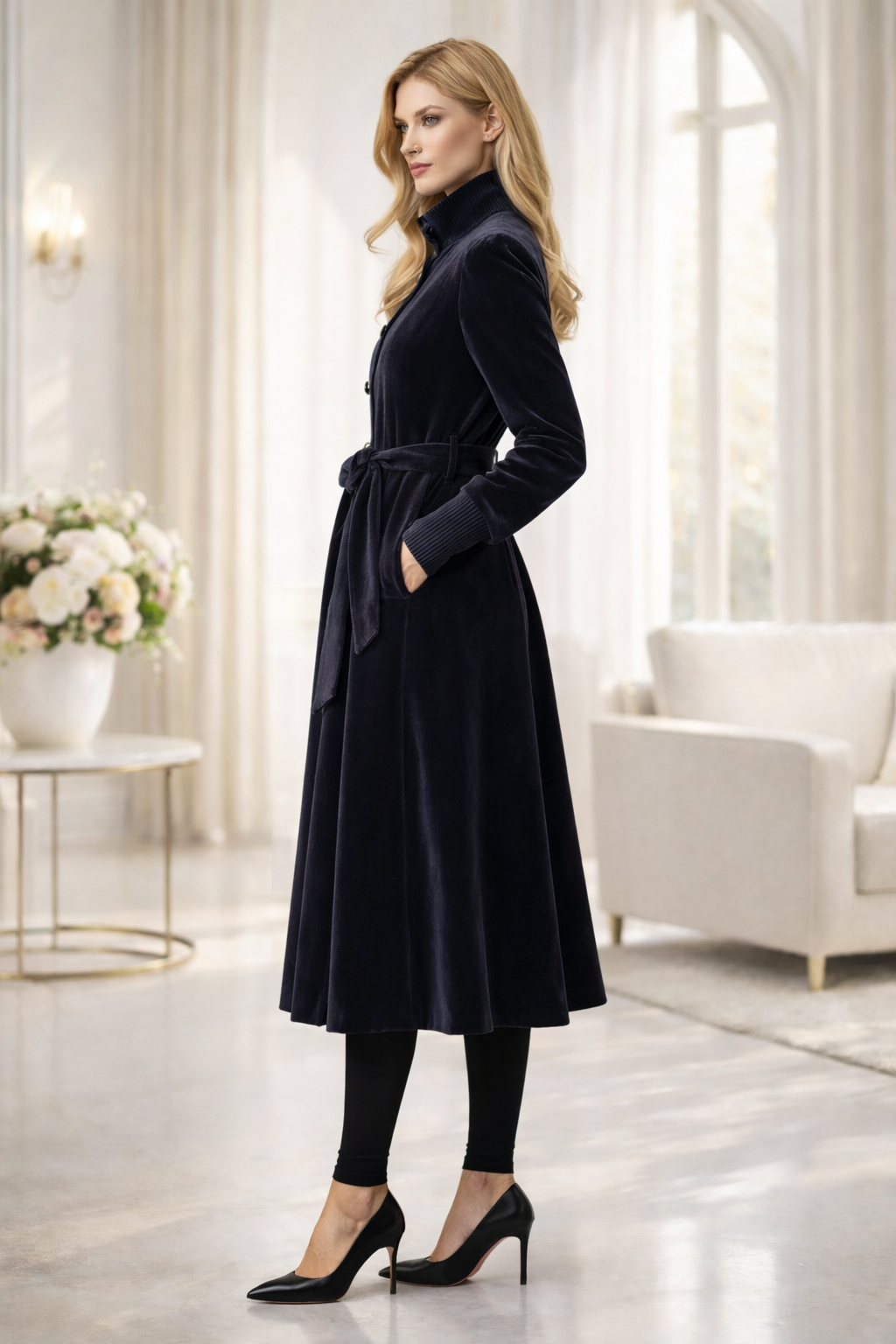 Gefütterter Winter-Trenchcoat in Ponyfell-Optik 1391 - Schwarz