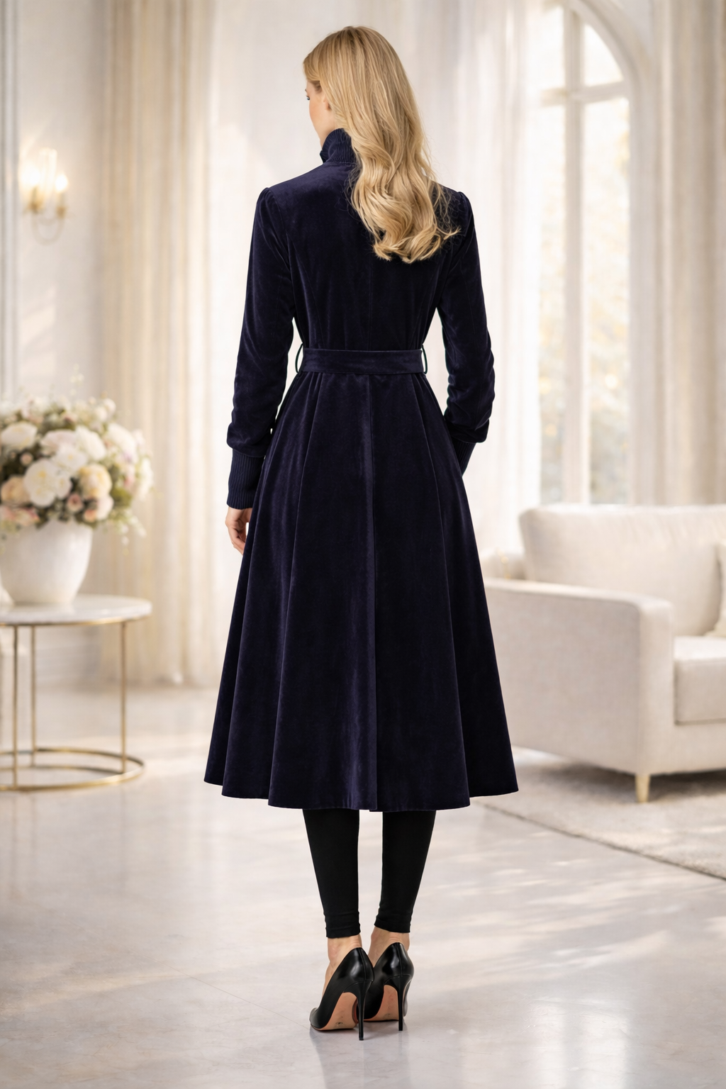 Gefütterter Winter-Trenchcoat in Ponyfell-Optik 1391 - Schwarz