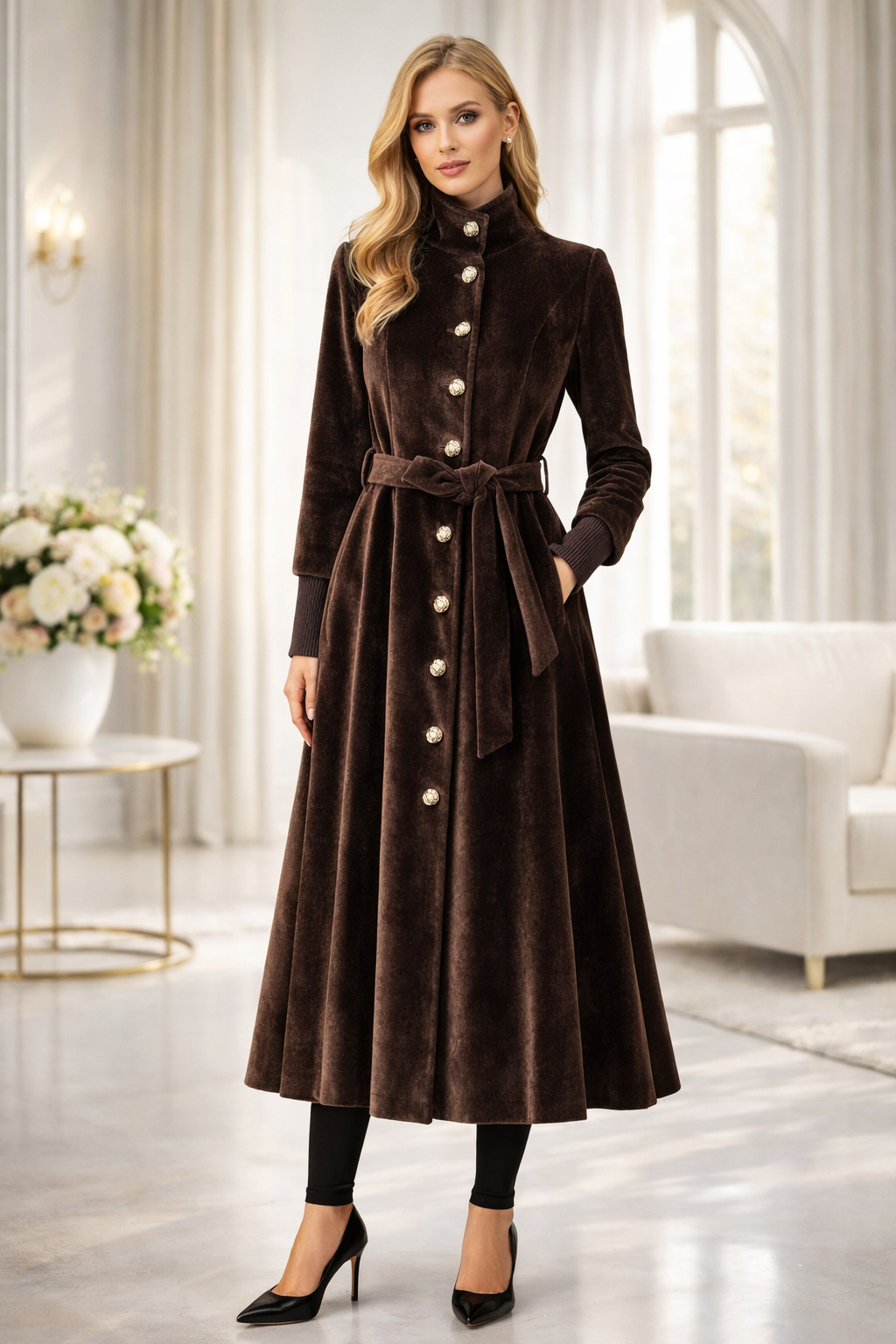 Gefütterter Winter-Trenchcoat in Ponyfell-Optik 1391 - Braun