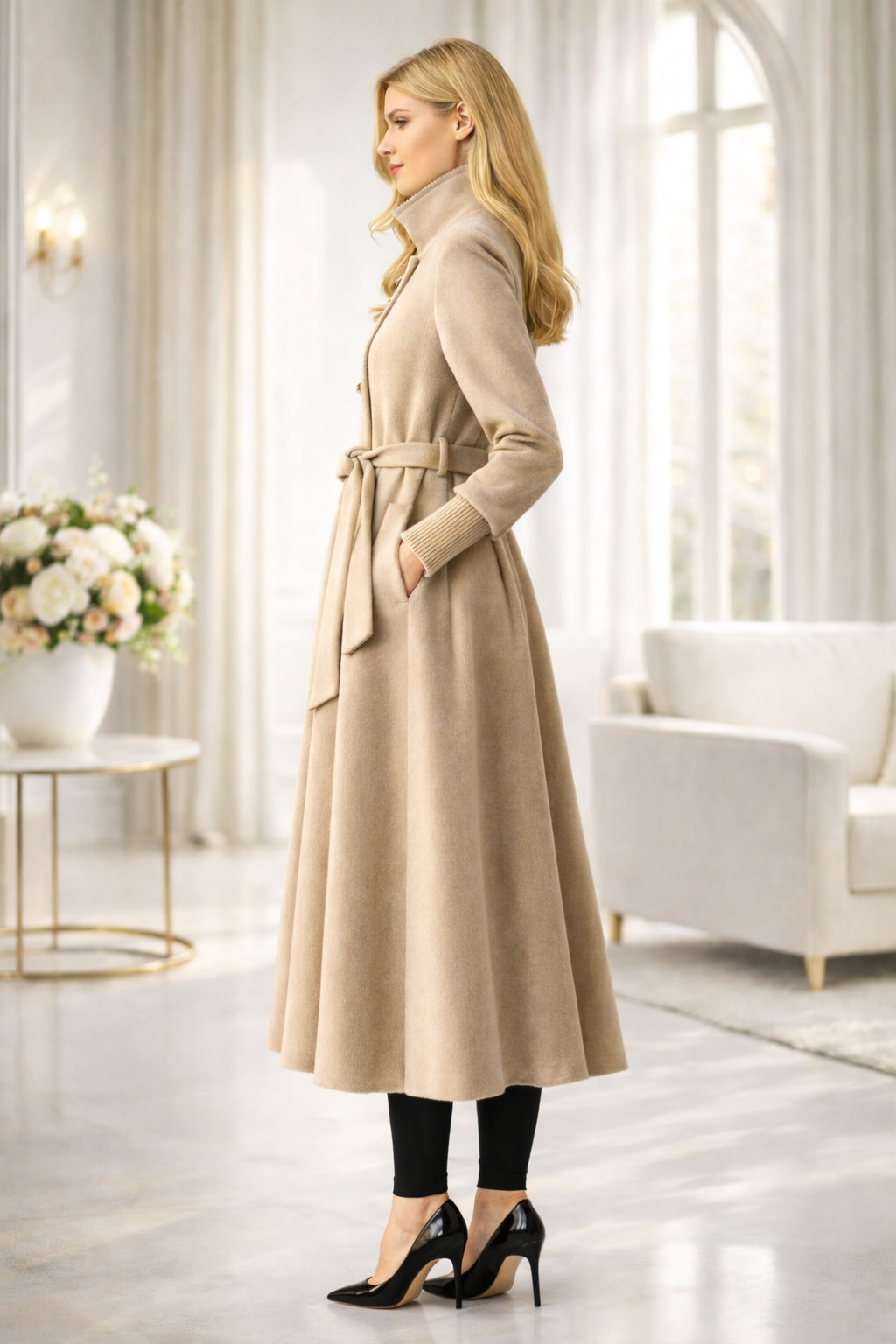 Gefütterter Winter-Trenchcoat in Ponyfell-Optik 1391 - Beige