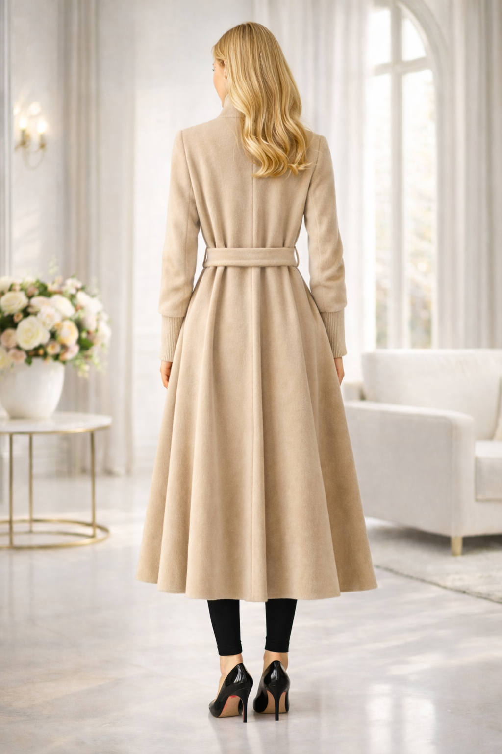 Gefütterter Winter-Trenchcoat in Ponyfell-Optik 1391 - Beige