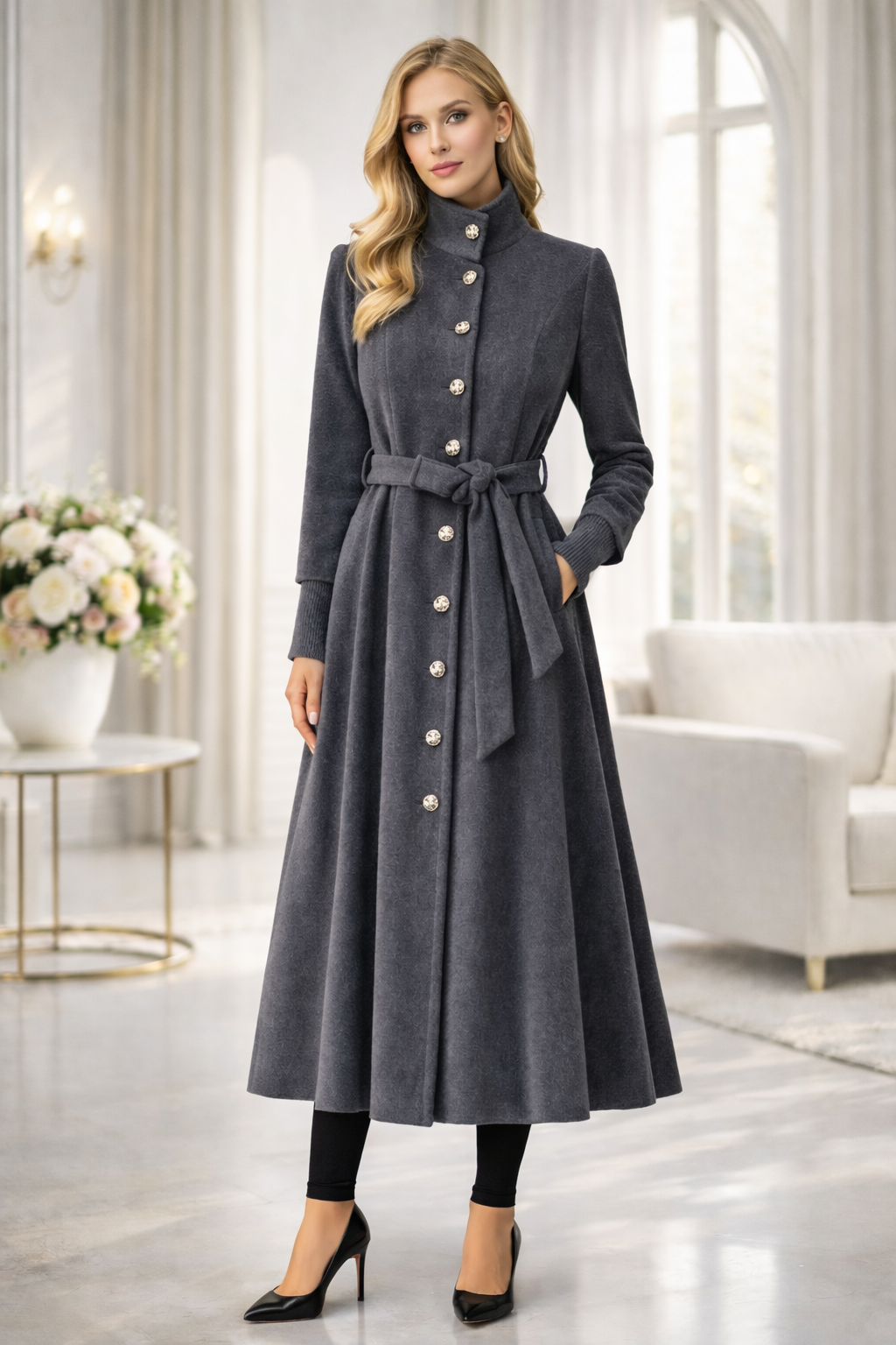 Gefütterter Winter-Trenchcoat in Ponyfell-Optik 1391 - Anthrazit