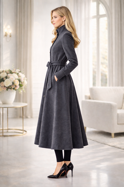 Gefütterter Winter-Trenchcoat in Ponyfell-Optik 1391 - Anthrazit