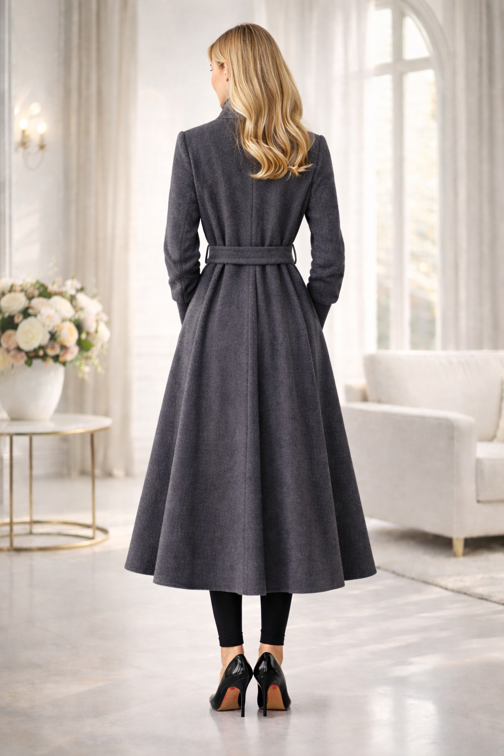 Gefütterter Winter-Trenchcoat in Ponyfell-Optik 1391 - Anthrazit