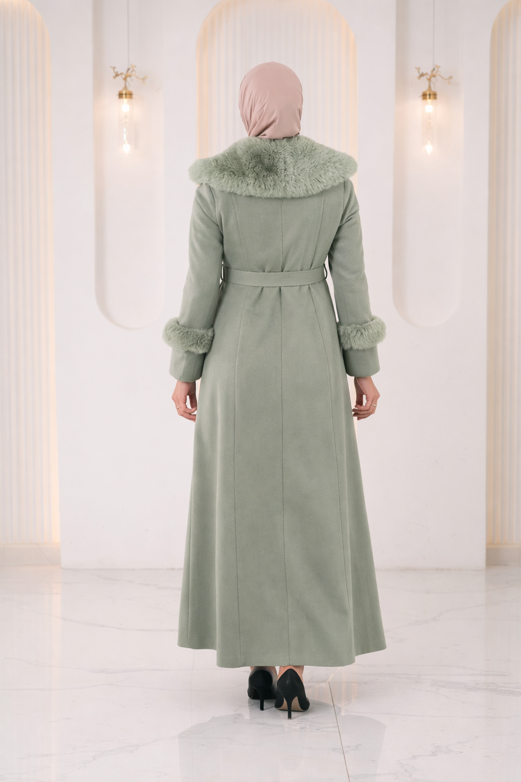 Langer texturierter Mantel mit Pelz 1395 - Mint