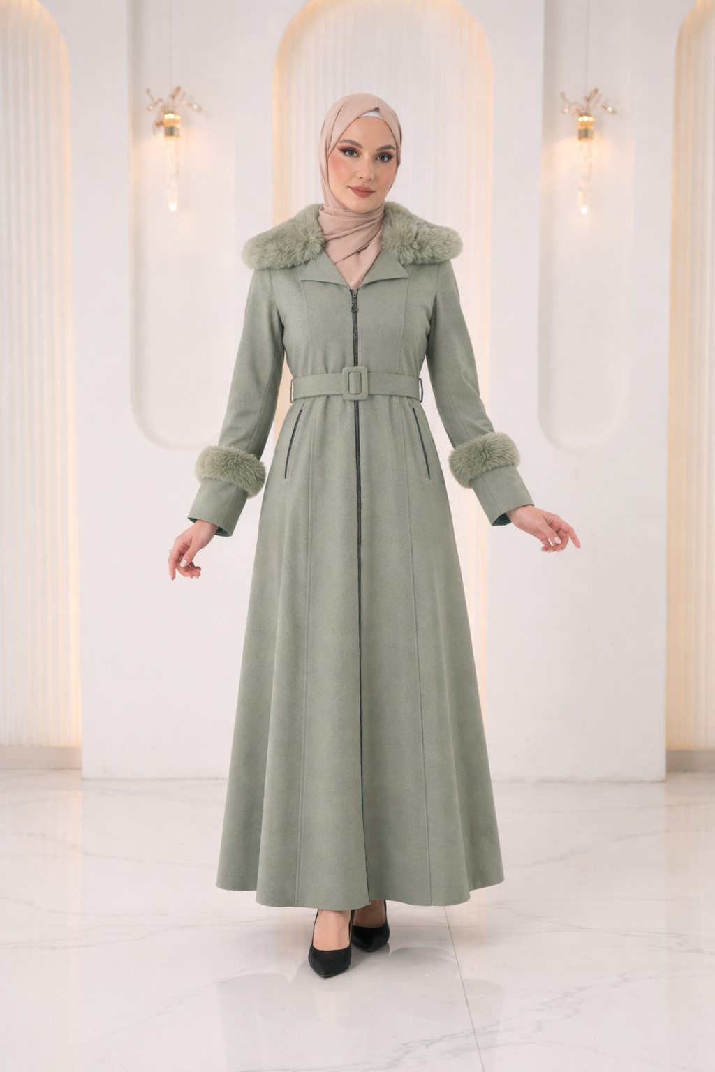 Langer texturierter Mantel mit Pelz 1395 - Mint
