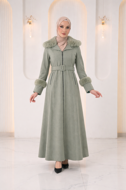 Langer texturierter Mantel mit Pelz 1395 - Mint