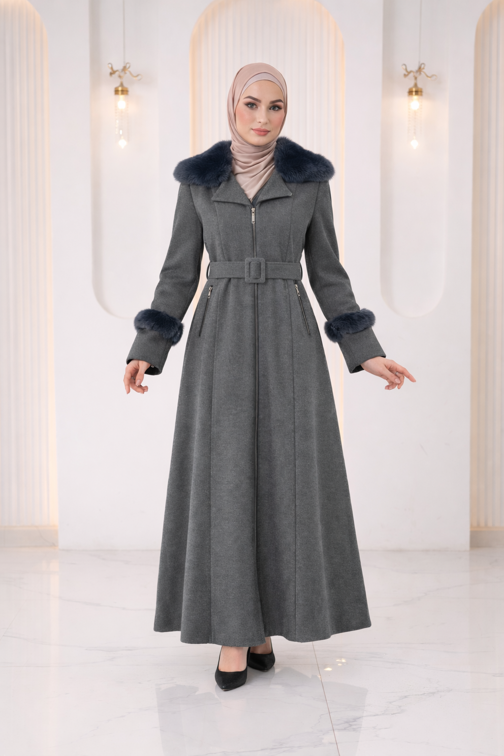 Langer texturierter Mantel mit Pelz 1395 - Anthrazit