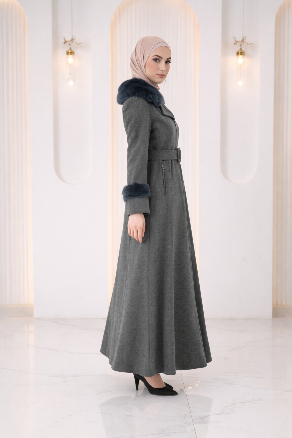 Langer texturierter Mantel mit Pelz 1395 - Anthrazit