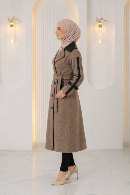 Trenchcoat aus texturiertem Stoff mit Leder-Details und Fellfutter 1394 - Mausgrau